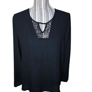 Women' Black Long Sleeves Lace Design Top Size M